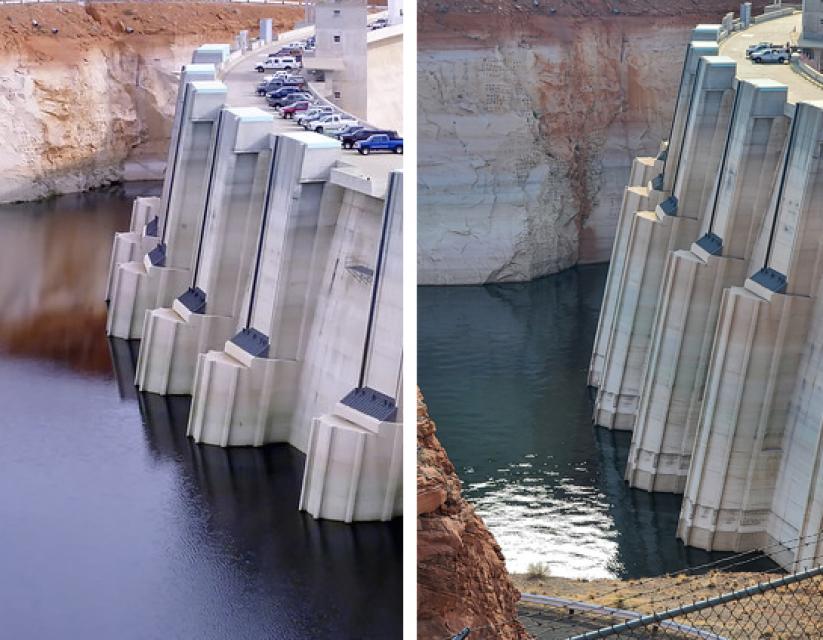 Lake Powell's decline is seen in these photos of Glen Canyon Dam taken a decade apart.  On the left, the water level in 2010; on the right, the water level in 2021.