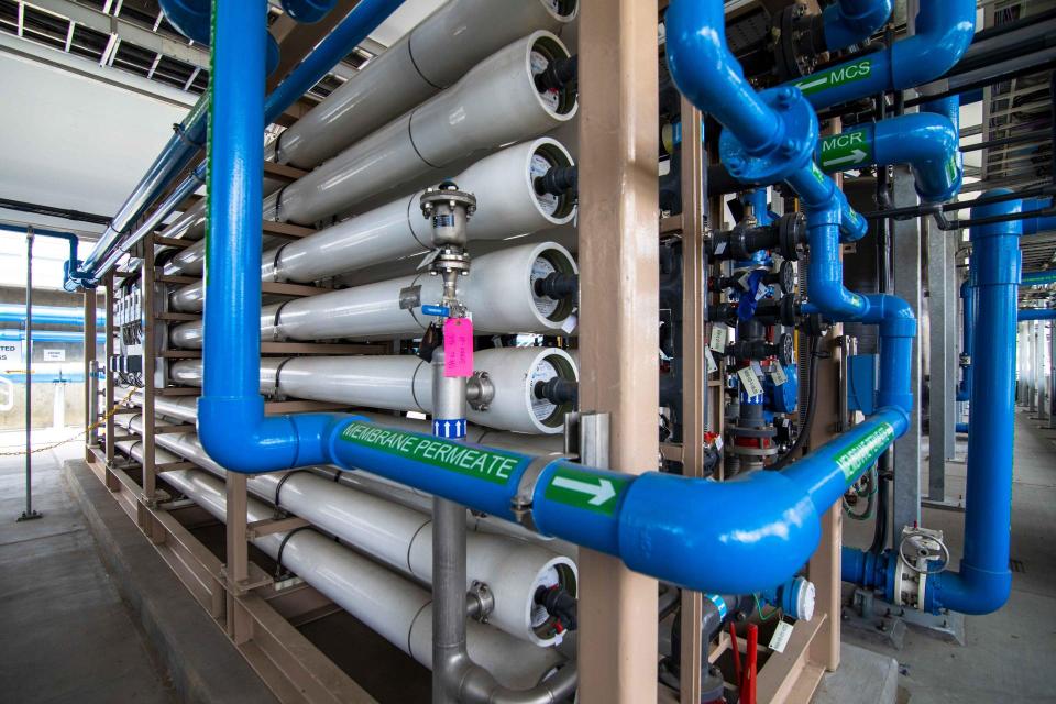 Filtration pipes at Metropolitan Water District of Southern California's wastewater recycling demonstration plant.