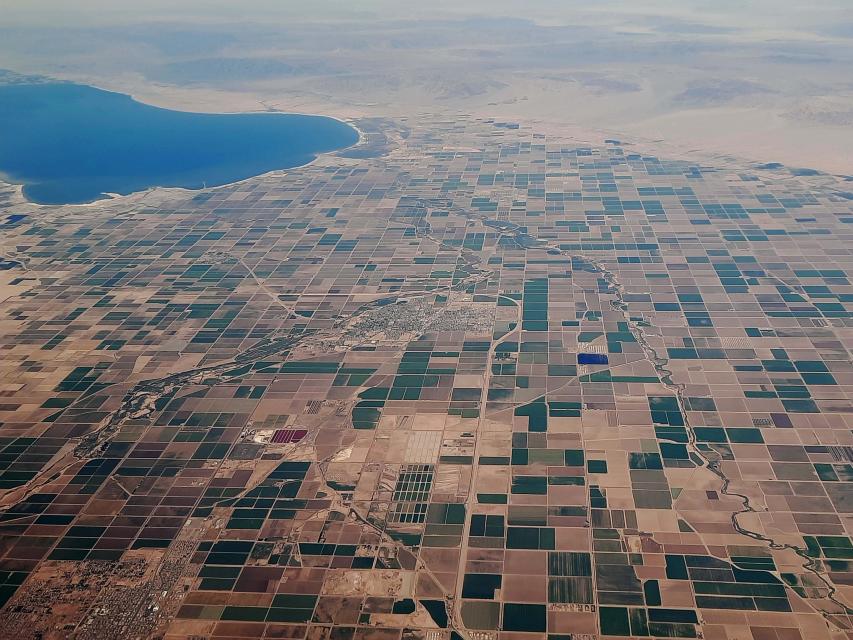 Aerial view of the Salton Sea and cropland in the Imperial Valley of California.