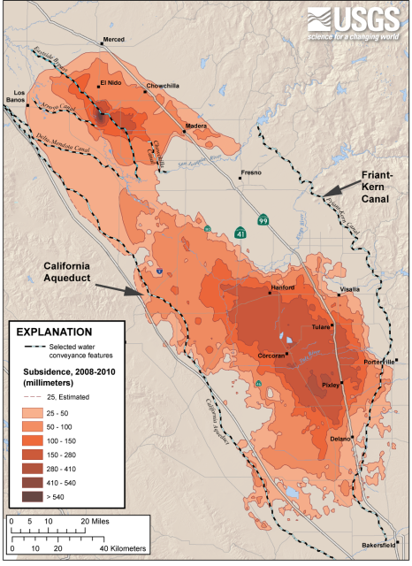 Image shows the California Aqueduct and Friant-Kern Canal and areas where subsidence occurred from 2008 through 2010.  