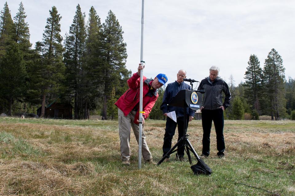 Gov. Jerry Brown (middle) ordered statewide mandatory water restrictions for the first time in history on April 2, 2015 after surveyors found the lowest snow level in the Sierra Nevada snowpack in 65 years of record-keeping.