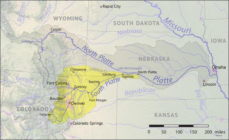 The South Platte River Basin is shaded in yellow.