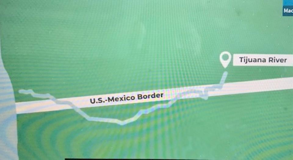 Map showing how the Tijuana River intersects the U.S. border below San Diego County.