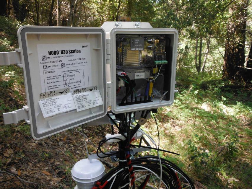 A stream gauge telemetry station in the Navarro River watershed in Mendocino County reports river stage, water temperature and air temperature to an online database.  