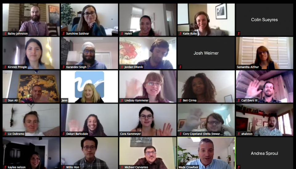 A Zoom-call image with the 2020 Water Leaders class, joined by Wade Crowfoot, California Secretary for Natural Resources.