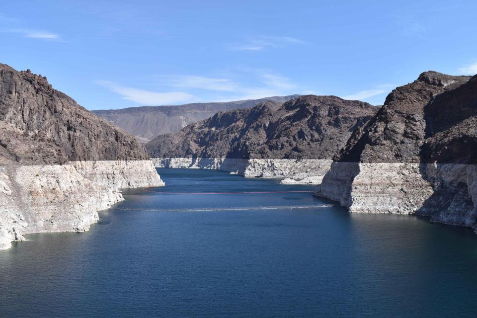 The mineralized white "bathtub ring" along Lake Mead's edge shows the effects of more than two decades of drought along the Colorado River. 