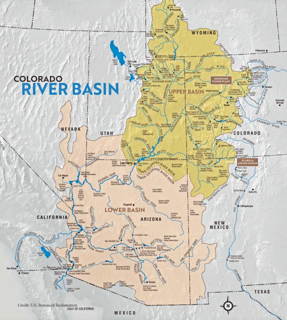 Image shows a map of the Colorado River Basin,  highlighting  locations of the Shoshone Power Plant in western Colorado and Jicarilla Apache Nation in northwestern New Mexico.