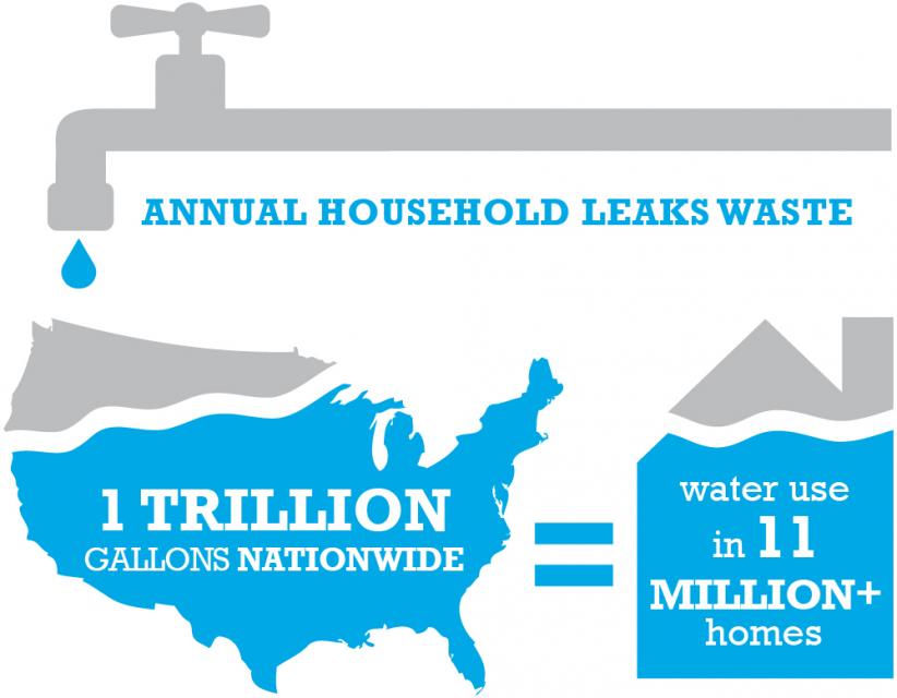 Graphic showing how much water is lost nationwide each year due to leaks.