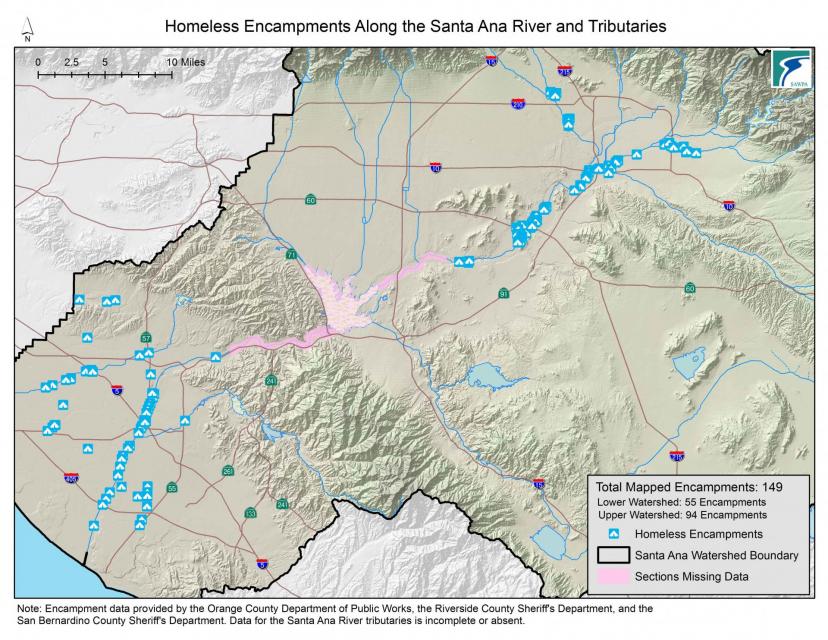Homeless encampments are marked in blue along the Santa Ana River in Southern California. 