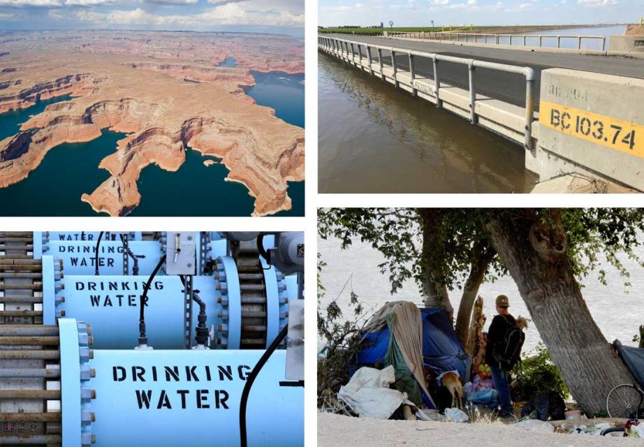 Clockwise, from top: Lake Powell, on a drought-stressed Colorado River; Subsidence-affected bridge over the Friant-Kern Canal in the San Joaquin Valley;  A homeless camp along the Sacramento River near Old Town Sacramento; Water from a desalination plant in Southern California.