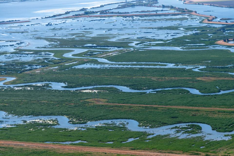 Image shows Lookout Slough Tidal Habitat Restoration Project in Solano County, an open water habitat for fish and wildlife in the Sacramento-San Joaquin Delta.