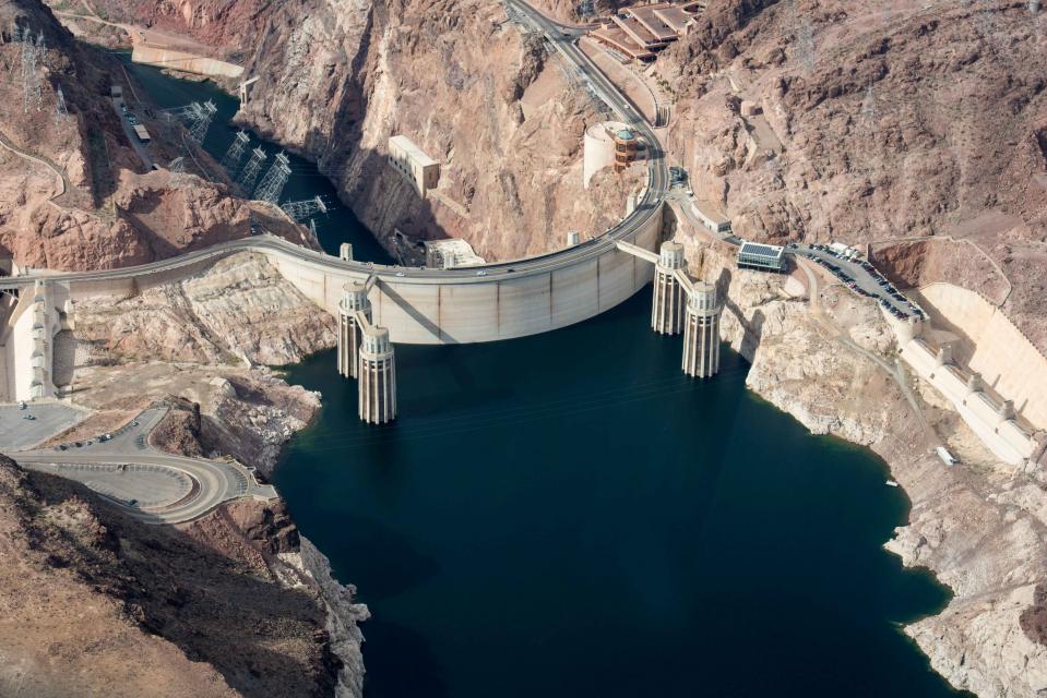 This aerial view of Hoover Dam shows how far the level of Lake Mead has fallen due to ongoing drought conditions.