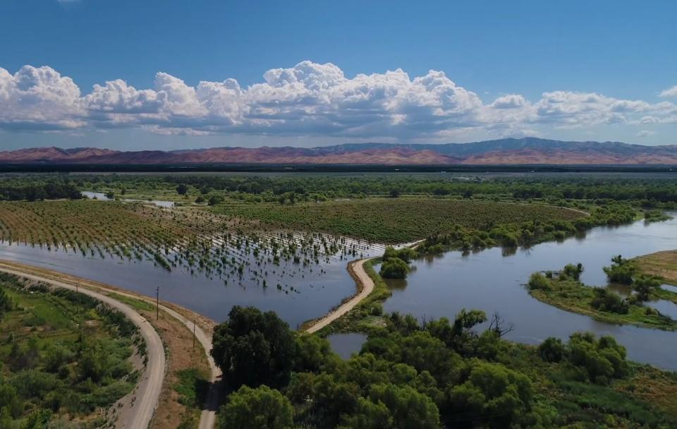 Flood waters inundate a restored floodplain at Dos Rios Ranch near Modesto, Calif.