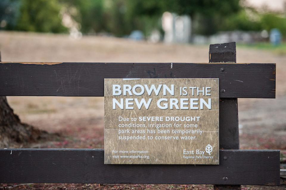 The Antioch/Oakley Regional Shoreline park displays a sign announcing their water conservation efforts at the park in 2014.