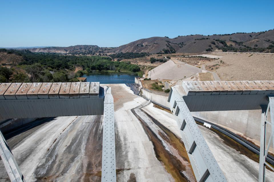 The spillway at Lake Cachuma in central Santa Barbara County. Drought in 2016 plunged its storage to about 8 percent of capacity.