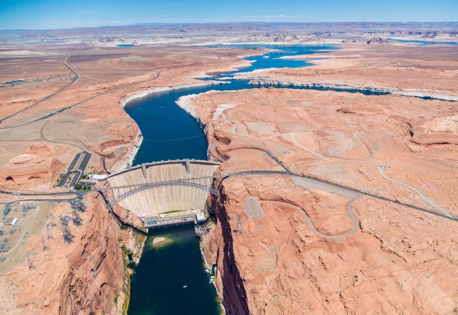 Image shows Glen Canyon Dam and Lake Powell.