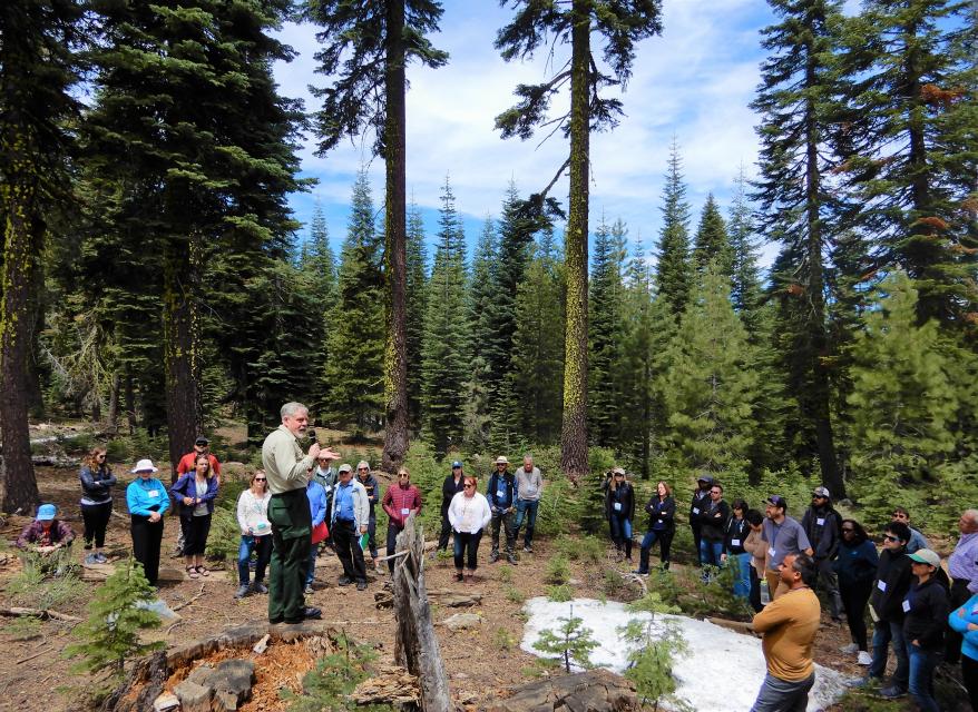 Image shows participants on our Headwaters Tour listening to a Forest Service ranger. 