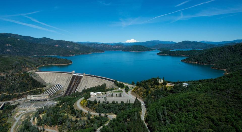 Aerial view of Shasta Dam and Lake Shasta.