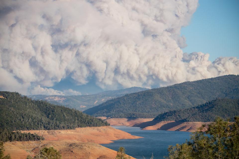 Smoke from the 2018 Camp Fire as viewed from Lake Oroville in Northern California. 