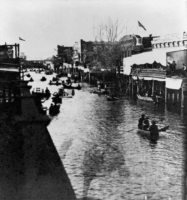 Sacramento's K Street during the 1862 flood that inundated the Central Valley.