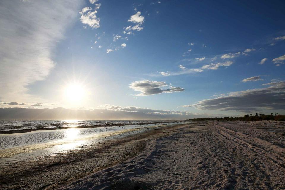 A sunset along the shoreline of California's Salton Sea.