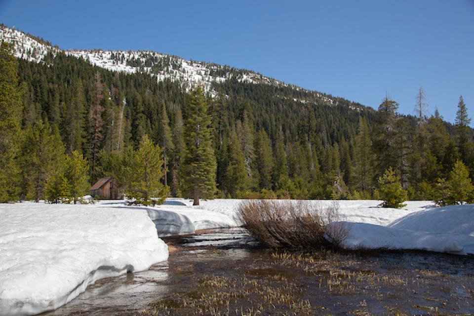Snowmelt and runoff near the California Department of Water Resources snow survey site in the Sierra Nevada east of Sacramento.