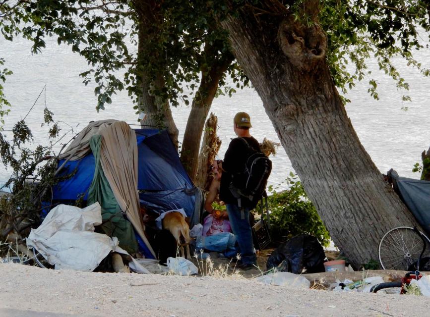 A homeless camp set up along the Sacramento River near downtown Sacramento. 